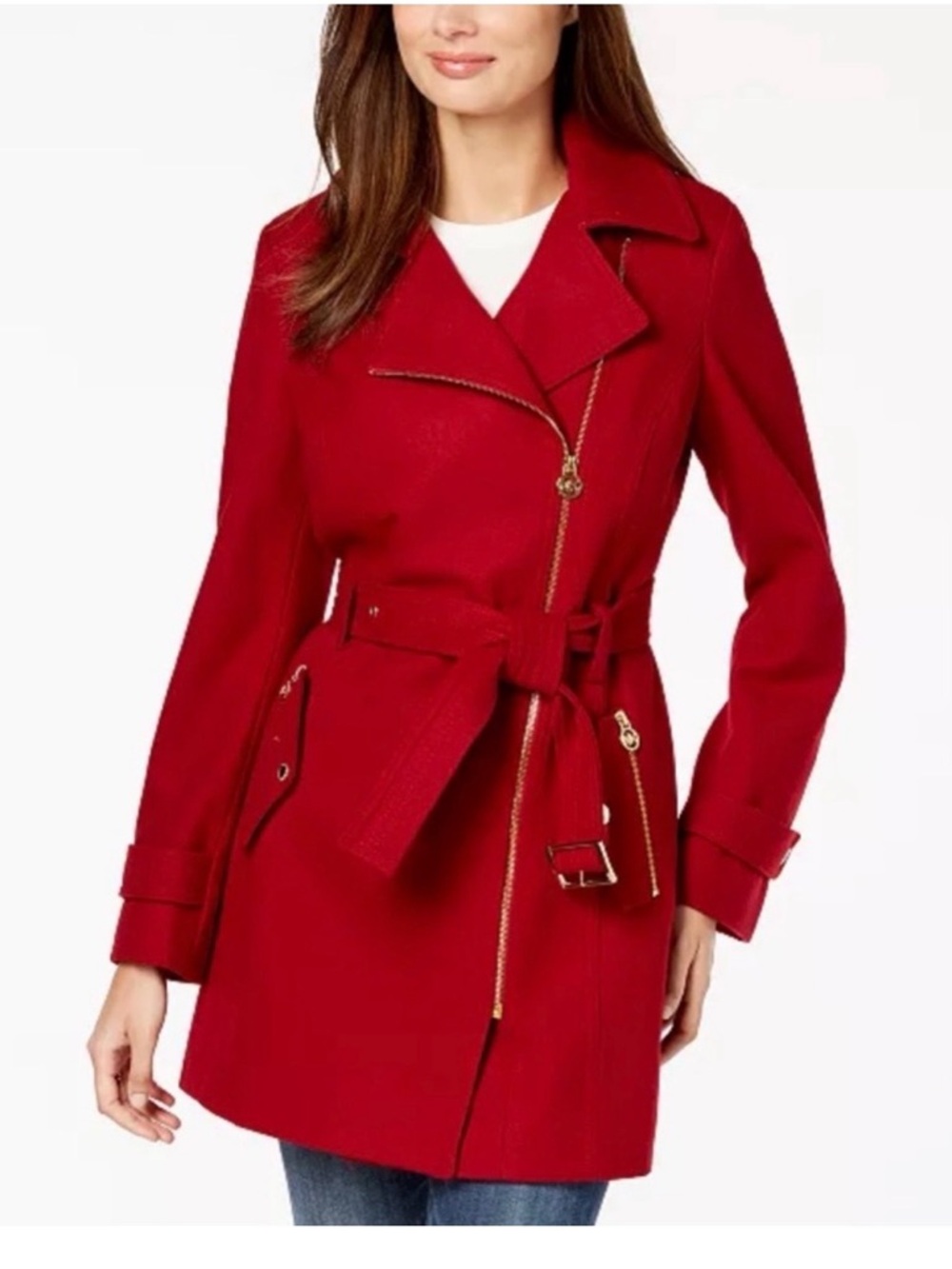 Michael Kors Red Belted Wool-Blend Trench Coat with Gold Hardware
